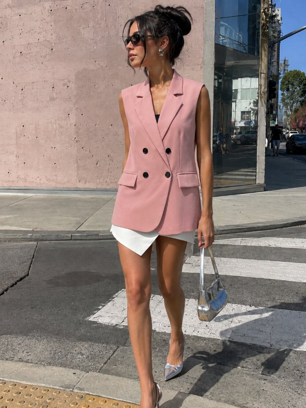Miss Sparkling Pink Double Breasted Longline Blazer Vest
